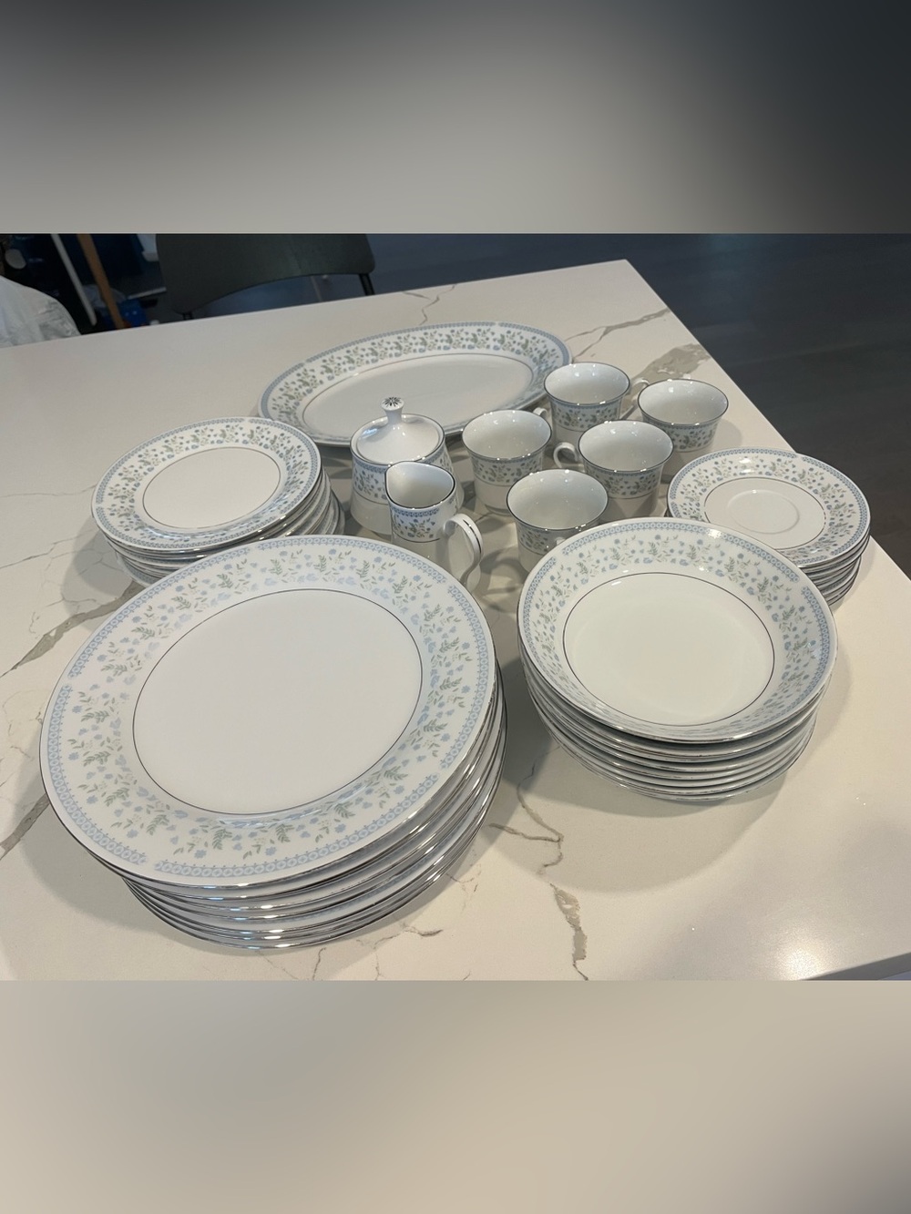 Porcelain Dinnerware Set with Pale Blue Floral Border